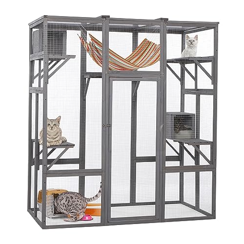 0760580570040 - ROOMTEC 63 INCH WOODEN CATIO OUTDOOR CAT ENCLOSURE W/ 2 NAPPING HOUSES, LUXURY KITTY-HOUSE WITH 6 JUMPING PLATFORMS & WEATHERPROOF ASPHALT ROOF, WALK-IN KITTY KENNEL CONDO SHELTER
