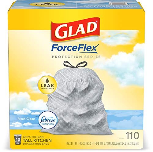 0760625103028 - GLAD® FORCEFLEX TALL KITCHEN DRAWSTRING TRASH BAGS – 13 GALLON TRASH BAG, FRESH CLEAN SCENT WITH FEBREZE FRESHNESS – 110 COUNT (PACKAGE MAY VARY)