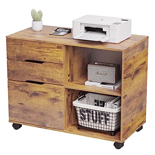 0760790197945 - FILE CABINET, MOBILE FILE CABINETS 3 DRAWER WOOD LATERAL PRINTER STAND WITH STORAGE SHELF 360° ROLLING FILING CABINET FITS A4 OR LETTER SIZE FOR HOME OFFICE, VINTAGE RUSTIC