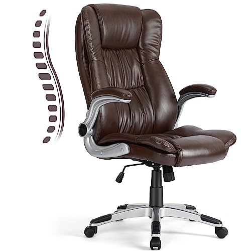 0760790200096 - BIG AND TALL OFFICE CHAIR - EXECUTIVE HOME OFFICE DESK CHAIR WITH FLIP UP ARMS ERGONOMIC LUMBAR BACK SUPPORT, HEAVY DUTY, HIGH BACK, PU LEATHER, BROWN