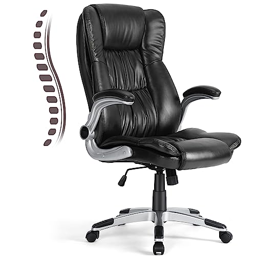 0760790200171 - BIG AND TALL OFFICE CHAIR - EXECUTIVE HOME OFFICE DESK CHAIR WITH FLIP UP ARMS ERGONOMIC LUMBAR BACK SUPPORT, HEAVY DUTY, HIGH BACK, PU LEATHER, BLACK