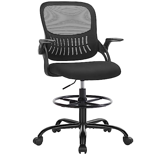 0760790200294 - DRAFTING CHAIR, TALL OFFICE CHAIR, STANDING DESK CHAIR, TALL DESK CHAIR, HIGH OFFICE CHAIR, ERGONOMIC COUNTER HEIGHT OFFICE CHAIRS WITH FLIP-UP ARMRESTS AND ADJUSTABLE FOOT-RING FOR BAR HEIGHT DESK