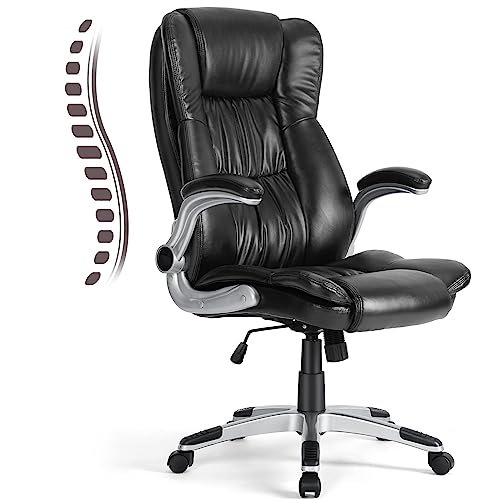 0760790201697 - BIG AND TALL OFFICE CHAIR - EXECUTIVE HOME OFFICE DESK CHAIR WITH FLIP UP ARMS ERGONOMIC LUMBAR BACK SUPPORT, HEAVY DUTY, HIGH BACK, PU LEATHER, BLACK