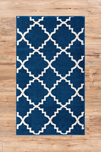 0760999909387 - HARBOR TRELLIS DARK BLUE QUATREFOIL GEOMETRIC MODERN CASUAL 2X4 ( 2'3 X 3'11 ) EASY TO CLEAN STAIN FADE RESISTANT SHED FREE CONTEMPORARY TRADITIONAL MOROCCAN LATTICE LIVING DINING ROOM RUG