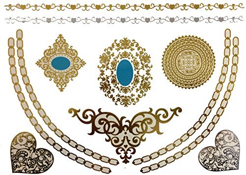 0761258800018 - METALLIC GOLD SILVER BLACK JEWELRY TEMPORARY BLING TATTOO ALL-IN-ONE PACKAGE 5 SHEETS (STYLE#1)