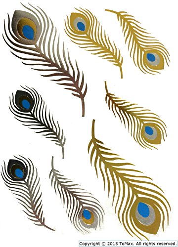0761258800223 - FEATHER DESIGN METALLIC GOLD SILVER BLING TEMPORARY TATTOOS (PEACOCK)