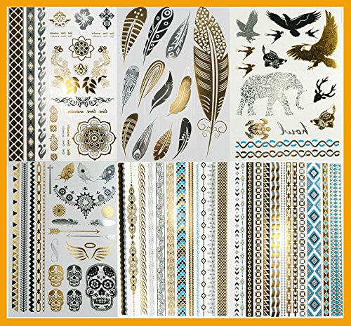 0761258800247 - SUPER METALLIC GOLD SILVER BLACK JEWELRY TEMPORARY BLING TATTOO 6 SHEETS PACK (L2 STYLE)