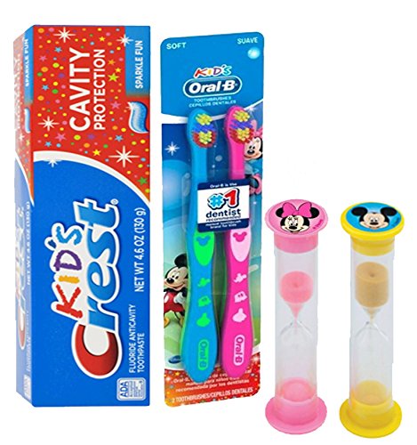 0761656257544 - DISNEY MICKEY MOUSE & MINNIE MOUSE 5PC BRIGHT SMILE ORAL HYGIENE COLLECTION! SOFT MANUAL TOOTHBRUSH SET, CREST KIDS SPARKLE TOOTHPASTE & 2 MINUTE BRUSHING TIMERS!