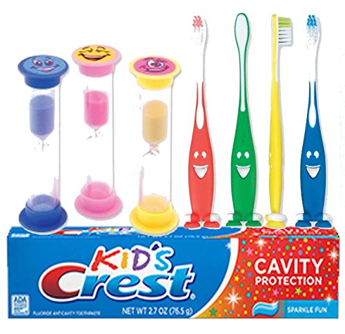 0761656259098 - HAPPY FACE 7PC. BRIGHT SMILE ORAL HYGIENE SET! SOFT MANUAL TOOTHBRUSH, CREST KIDS SPARKLING TOOTHPASTE & SMILEY FACE BRUSHING TIMER