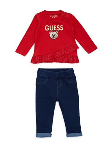 7617076895480 - GUESS BABY GIRL FOIL PRINTED LOGO STRETCH JERSEY T-SHIRT AND KNIT DENIM PANT 2 PIECE SET, BRILLIANT BERRY, 0/3M