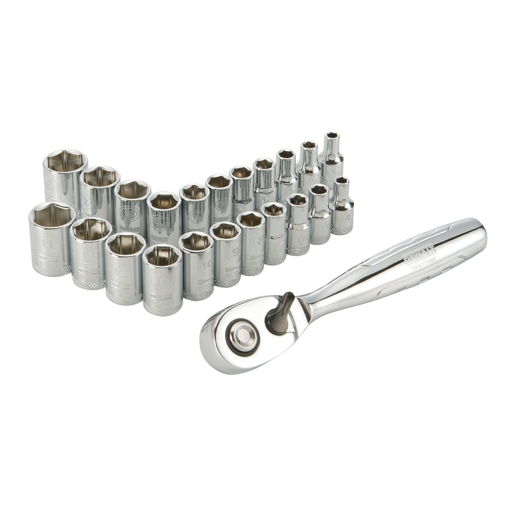 0076174721607 - 23 PIECE 1/4-INCH FULL POLISH SOCKET WRENCH SET WITH PEAR HEAD RATCHET