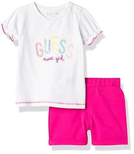 7618483341171 - GUESS GIRLS ORGANIC COTTON SLEEVE LOGO T-SHIRT AND ECO BABY TERRY PULL ON SHORT, TRUE WHITE, 6/9M