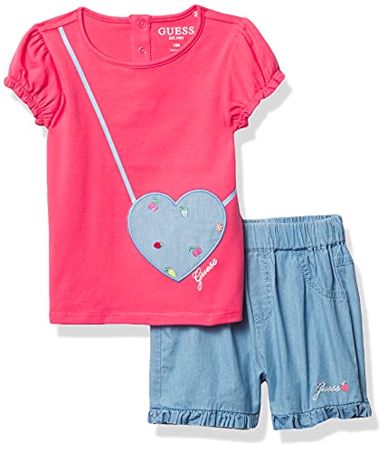 7618483341508 - GUESS BABY GIRLS PUFF SLEEVE ORGANIC JERSEY PURSE T-SHIRT AND CHAMBRAY PULL ON SHORT SET, ROUGE PINK, 24M