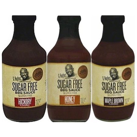 0761994323703 - G HUGHES SMOKEHOUSE SUGAR FREE BBQ SAUCE 18OZ GLASS BOTTLE (PACK OF 3) SELECT FLAVOR BELOW (SAMPLER PACK - 1 EACH OF HICKORY * MAPLE BROWN & HONEY)