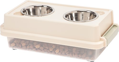 0762016433417 - IRIS SMALL ELEVATED DOG FEEDER IN ALMOND WITH AIRTIGHT FOOD STORAGE