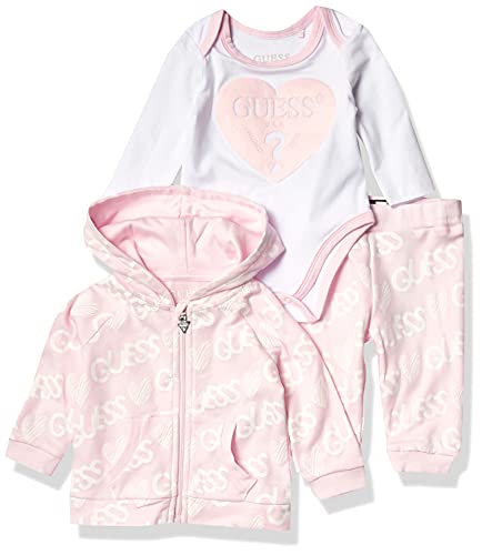 7620207029388 - GUESS UNISEX ORGANIC COTTON LOGO LONG SLEEVE BODYSUIT, HOODIE AND JOGGER 3 PIECE SET, ALLOVER LOGO PINK, 6/9M