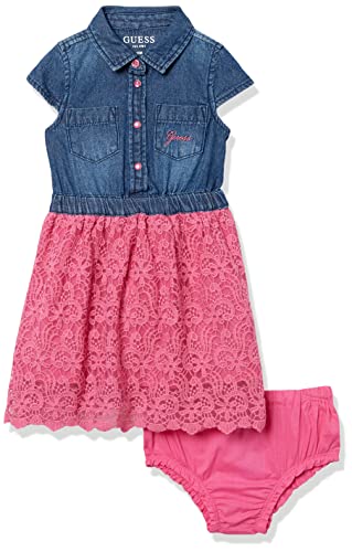 7624302502104 - GUESS BABY GIRLS DENIM AND LACE MIXED FABRIC DRESS AND COORDINATING DIAPER COVER 2 PIECE SET, PINK, 24M