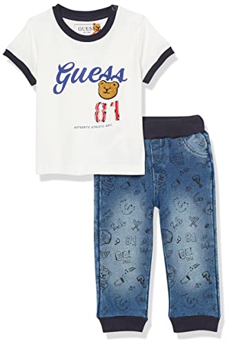 7624302525455 - GUESS BABY BOYS APPLIQUE LOGO ORGANIC COTTON JERSEY T-SHIRT AND ALL OVER PRINT KNIT DENIM JOGGER 2 PIECE SET, PURE WHITE, 24M