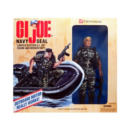 0076281812342 - KENNER YEAR 1995 LIMITED EDITION FAO SCHWARZ EXCLUSIVE FULLY POSEABLE G. I. JOE 12 INCH TALL SOLDIER ACTION FIGURE - NAVY SEAL WITH MISSION RAFT, RAFT MOTOR, UNIFORM, HAT, DOG TAG, AUTOMATIC WEAPON WITH SILENCER, PISTOL IN HOLSTER, KNIFE IN HOLSTER, 2 HA