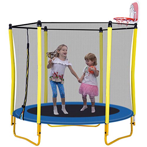 0763073715850 - MORHOME 65 TRAMPOLINE FOR KIDS, 5.5FT INDOOR & OUTDOOR SMALL TODDLER TRAMPOLINE WITH BASKETBALL HOOP, SAFETY ENCLOSURE, BABY TRAMPOLINE TOYS, BIRTHDAY GIFTS FOR KIDS, GIFTS FOR BOY AND GIRL