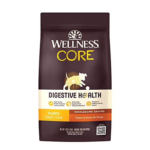 0076344898122 - WELLNESS CORE DIGESTIVE HEALTH DRY PUPPY FOOD WITH GRAINS, 4 POUND BAG, CHICKEN DOG FOOD, SENSITIVE STOMACH