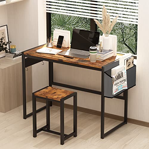 0763477642974 - AWQM COMPUTER DESK 39-INCH WRITING DESK HOME OFFICE SMALL STUDY WORKSTATION INDUSTRIAL STYLE PC LAPTOP TABLE WITH STORAGE BAG AND 4 HANGING HOOKS, DESK CHAIR INCLUDES, RUSTIC BROWN