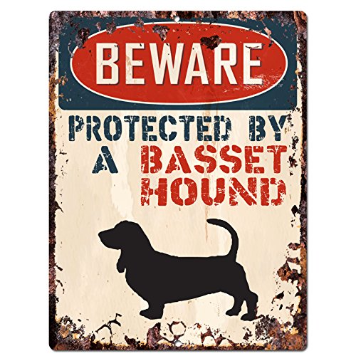 0763596033646 - BEWARE PROTECTED BY A BASSET HOUND CHIC SIGN VINTAGE RETRO RUSTIC 9X 12 METAL PLATE STORE HOME ROOM WALL DECOR GIFT
