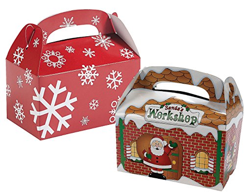 0763598974923 - 12 CARDBOARD SANTA'S WORKSHOP TREAT BOXES AND 12 RED AND WHITE SNOWFLAKE TREAT BOXES, TOTAL 24 TREAT BOXES (BUNDLE OF 2 DIFFERENT TREAT BOXES)