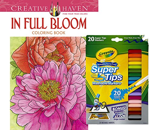0763598976576 - CRAYOLA SUPER TIPS WASHABLE MARKERS, SET OF 20 AND DOVER CREATIVE HAVEN FULL BLOOM COLORING BOOK, GARDEN LOVERS FLOWER DESIGNS TO COLOR FOR STRESS RELIEVING THERAPY!
