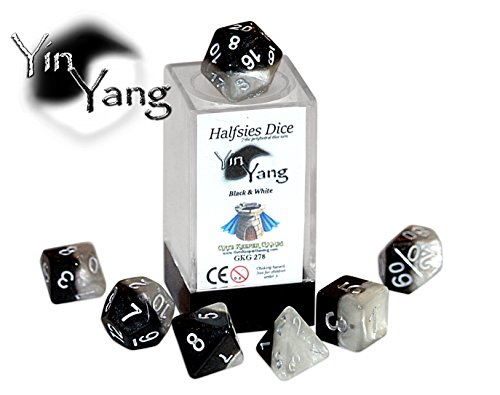 0763769509282 - YIN YANG HALFSIES DICE - 7 DIE POLYHEDRAL RPG GAMING DICE SET - BLACK & WHITE