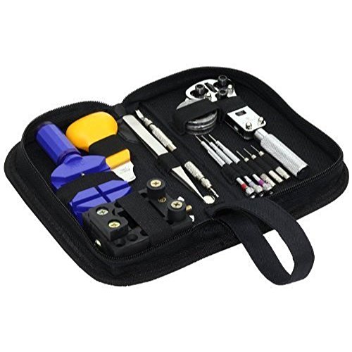 0763985947585 - CORE® PROFESSIONAL WATCH REPAIR TOOL KIT. BATTERY & WATCH BAND REPLACEMENT. 13 PIECES. BONUS CASE & HAMMER