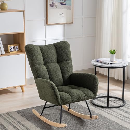 0764097691816 - LIVAVEGE ROCKING CHAIR, TEDDY FABRIC UPHOLSTERED GLIDER ROCKER WITH HIGH WING BACKREST AND PADDED SEAT, MODERN COMFY ACCENT ARMCHAIR FOR BABY NURSERY, LIVING ROOM, BEDROOM, BALCONY OFFICE, DARK GREEN