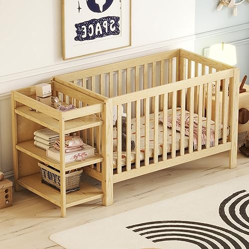 0764143807468 - LIVAVEGE 4-IN-1 CONVERTIBLE CRIB WITH CHANGING TABLE AND FULL SIZE TODDLER BED CONVERSION KIT IN NATURAL, GREENGUARD GOLD CERTIFIED, FITS STANDARD FULL-SIZE BABY CRIB MATTRESS SUPPORT BASE