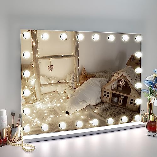 0764179963763 - BENDIC 31.5X 23.6 VANITY MIRROR MAKEUP MIRROR WITH LIGHTS,10X LARGE HOLLYWOOD LIGHTED VANITY MIRROR WITH 24 DIMMABLE LED BULBS,3 COLOR MODES,TOUCH CONTROL FOR BEDROOM,TABLETOP OR WALL-MOUNTED,WHITE