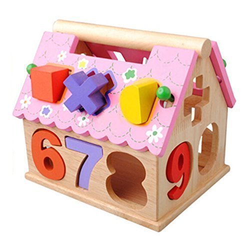 0764210848875 - FIVEBULL DIGITAL GEOMETRY SHAPE COLOR RECOGNITION WOODEN PUZZLE BABY CHILDREN TOYS PINK HOUSE SHAPE EARLY INTELLIGENCE EDUCATION TOY FOR 1-6 YEARS OLD