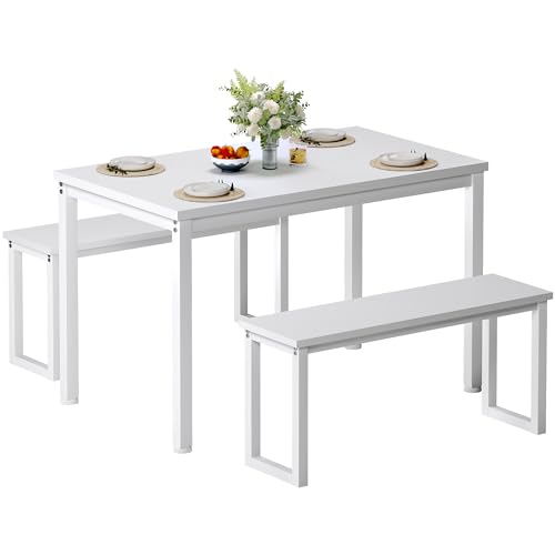 0765150972743 - SOGES KITCHEN TABLE SET WITH 2 BENCHES, WHITE DINING TABLE SET FOR 4, 3 PIECE DINING ROOM TABLE AND LONG BENCHES, BREAKFAST TABLE COFFEE TABLE SET, INDUSTRIAL STYLE WOODEN KITCHEN AND DINING ROOM SET