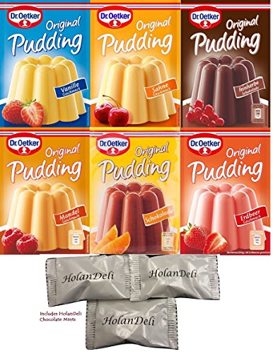 0765383535432 - DR. OETKER ASSORTED GERMAN PUDDING 6 FLAVORS( VANILLA, CREAM, ALMOND, CHOCOLATE, STRAWBERRY, DOUBLE CHOCOLATE ) TOTAL 18 PACK. INCLUDES OUR EXCLUSIVE HOLANDELI CHOCOLATE MINTS.