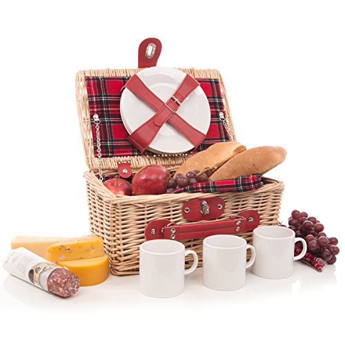 0765629855133 - MODERN WICKER PICNIC BASKET HAMPER SET BY WEIRWOOD | INCLUDES FLATWARE, CHEESE PLATES, CERAMIC MUGS, HANDKERCHIEFS, AND FREE CHECKERED BLANKET