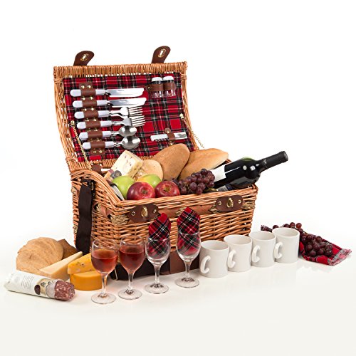 0765629855140 - MODERN WICKER PICNIC BASKET HAMPER SET BY WEIRWOOD | INCLUDES STRAP, FLATWARE, CHEESE PLATES, CERAMIC MUGS, HANDKERCHIEFS, AND FREE CHECKERED BLANKET