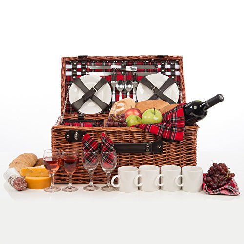0765629855157 - DELUXE MODERN WICKER PICNIC BASKET HAMPER SET BY WEIRWOOD | INCLUDES FLATWARE, CHEESE PLATES, CERAMIC MUGS, HANDKERCHIEFS, AND FREE CHECKERED BLANKET