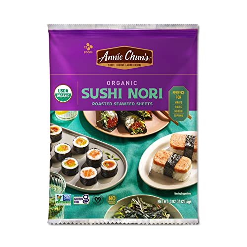 0765667111956 - ANNIE CHUNS ORGANIC ROASTED SEAWEED SUSHI NORI, VEGAN AND GLUTEN-FREE, LIGHT AND AIRY TEXTURE AND DELICIOUS TASTE, 0.82OZ (9 FULL SHEETS)