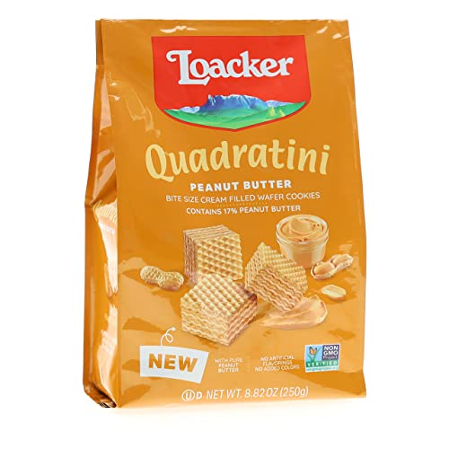 0076580205401 - LOACKER QUADRATINI PEANUT BUTTER BITE-SIZE WAFER COOKIES | CRISPY WAFERS WITH 4 CREAMY LAYERS OF FINEST PEANUT BUTTER CREAM FILLING | GREAT FOR SNACKS & DESSERTS | NON GMO | NO ARTIFICIAL FLAVORINGS, OR ADDED COLORS | 8.82 OZ BAG