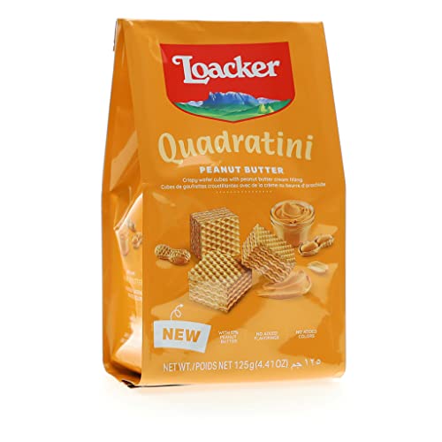 0076580205487 - LOACKER QUADRATINI PEANUT BUTTER BITE-SIZE WAFER COOKIES | CRISPY WAFERS WITH 4 CREAMY LAYERS OF FINEST PEANUT BUTTER CREAM FILLING | GREAT FOR SNACKS & DESSERTS | NON GMO | NO ARTIFICIAL FLAVORINGS, OR ADDED COLORS | 4.41 OZ BAG