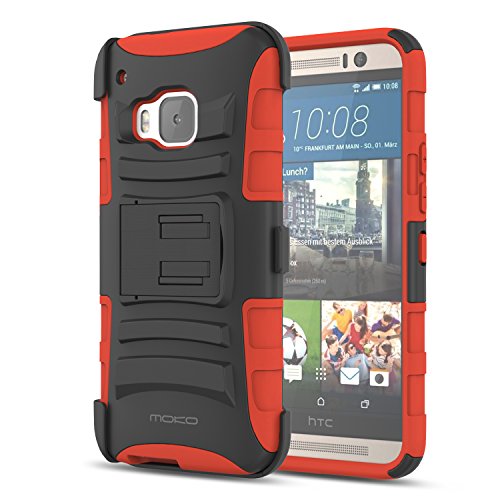 0765857011059 - HTC ONE M9 CASE, MOKO SHOCK ABSORBING HARD COVER ULTRA PROTECTIVE HEAVY DUTY CASE WITH HOLSTER BELT CLIP + BUILT-IN KICKSTAND FOR HTC ONE M9 5.0 INCH - RED