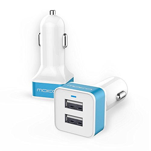 0765857057033 - MOKO 24W/4.8A PREMIUM ALUMINUM DUAL PORT USB CAR CHARGER WITH SMART CHARGING TECHNOLOGY FOR IPHONE 6S/6S PLUS, IPAD PRO 9.7/ PRO 12.9/ MINI 4/ AIR 2, ANDROID DEVICES AND MORE, WHITE & BLUE