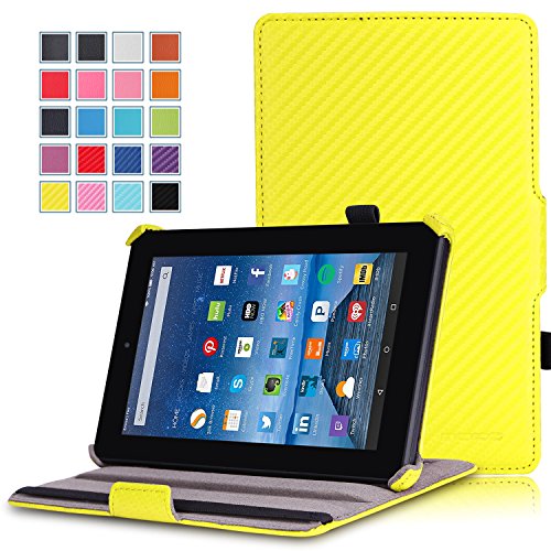0765857077222 - MOKO CASE FOR FIRE 7 2015 - SLIM-FIT MULTI-ANGLE FOLIO COVER FOR AMAZON FIRE TABLET (7 INCH DISPLAY - 5TH GENERATION, 2015 RELEASE ONLY), CARBON FIBER YELLOW