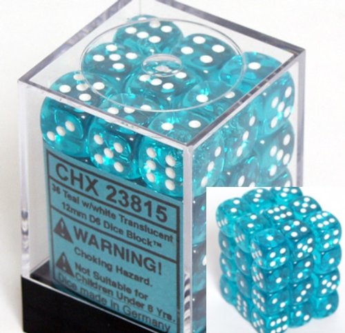 7662558173372 - CHESSEX DICE D6 SETS: TEAL WITH WHITE TRANSLUCENT - 12MM SIX SIDED DIE BLOC