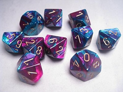 7662558235490 - CHESSEX DICE SETS: GEMINI PURPLE & TEAL WITH GOLD - TEN SIDED DIE D10 SET