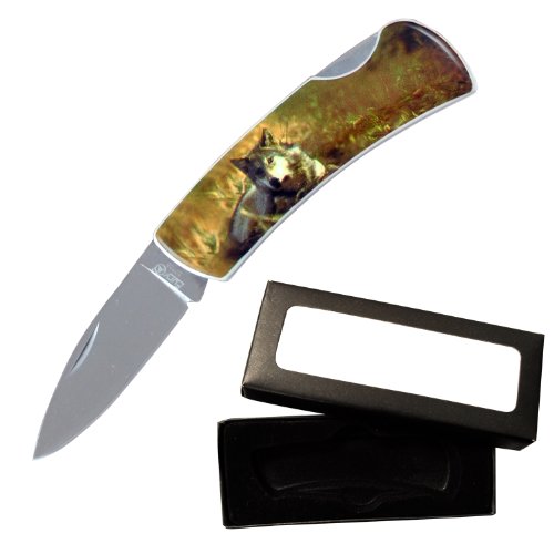 0766359207056 - FURY ANIMAL LITHO FOLDING POCKET KNIFE, 3.5-INCH, PRESENTATION BOX (WOLF)