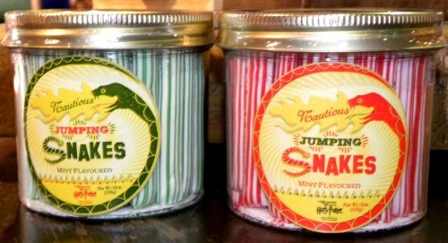 0766789620371 - UNIVERSAL STUDIOS WIZARDING WORLD OF HARRY POTTER PARK HONEYDUKES EMPORIUM PEPPERMINT JUMPING MINT SNAKES SET OF 2 RED & GREEN COLLECTIBLE GLASS JAR NEW 12 OZ. EACH